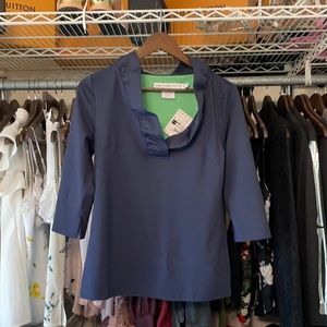 Ruffle neck top 3/4 sleeve navy